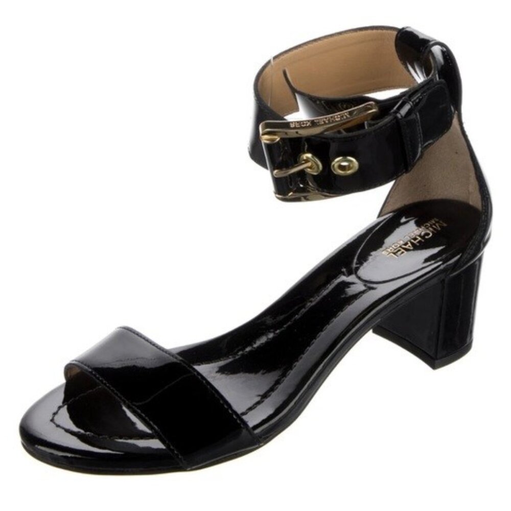 MICHAEL Michael Kors Open Toe Block Heel Sandals Patent Leather Black Size 6 EUC - Picture 1 of 10